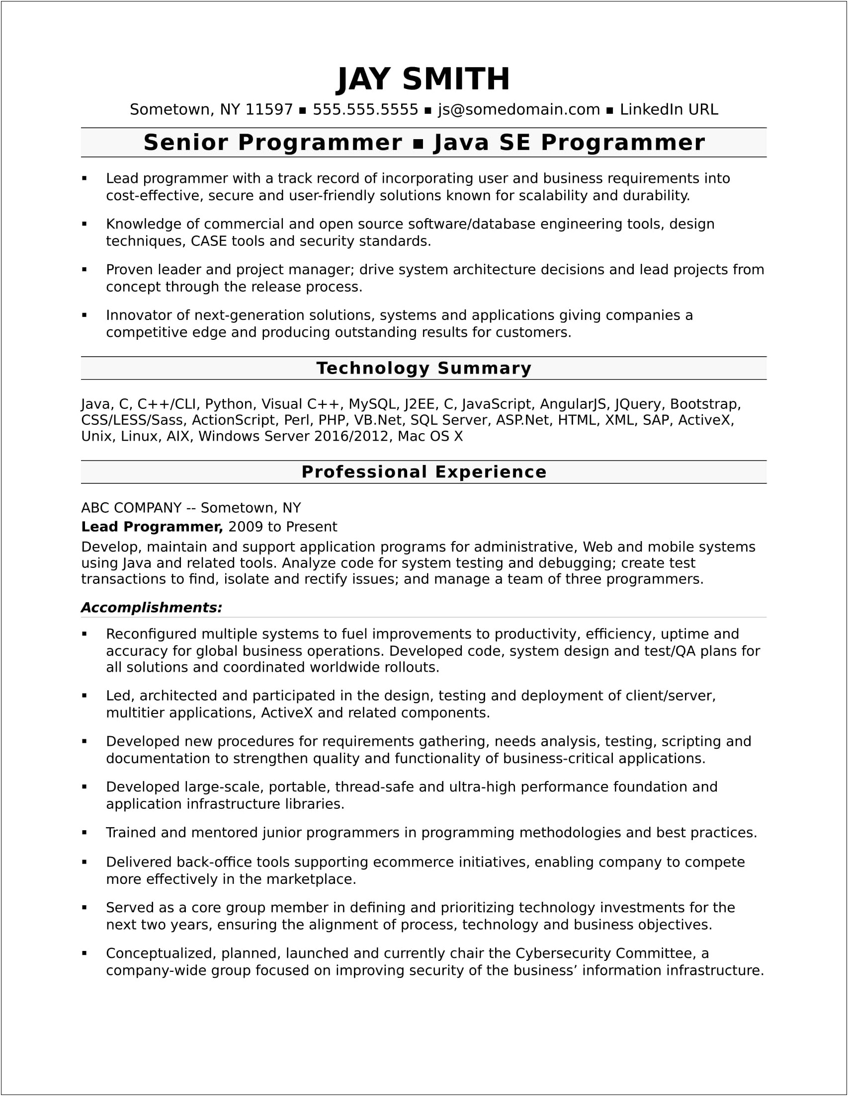 Sample Resume For Developer Experienced In Usa