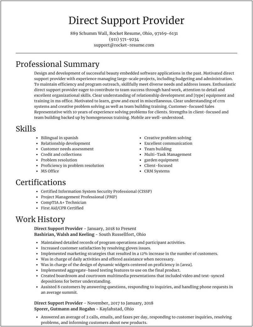 Sample Resume For Direct Support Staff