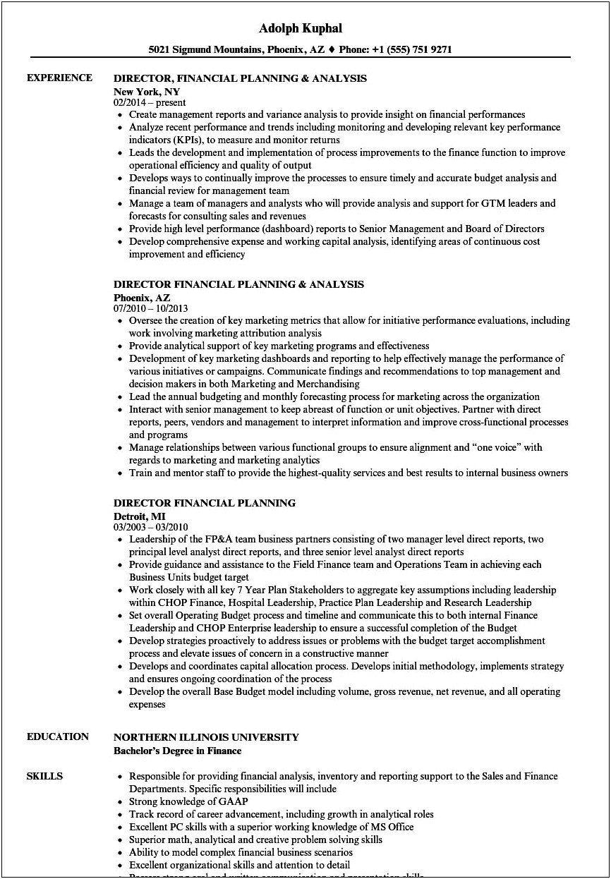 Sample Resume For Director Financial Planning And Analysis