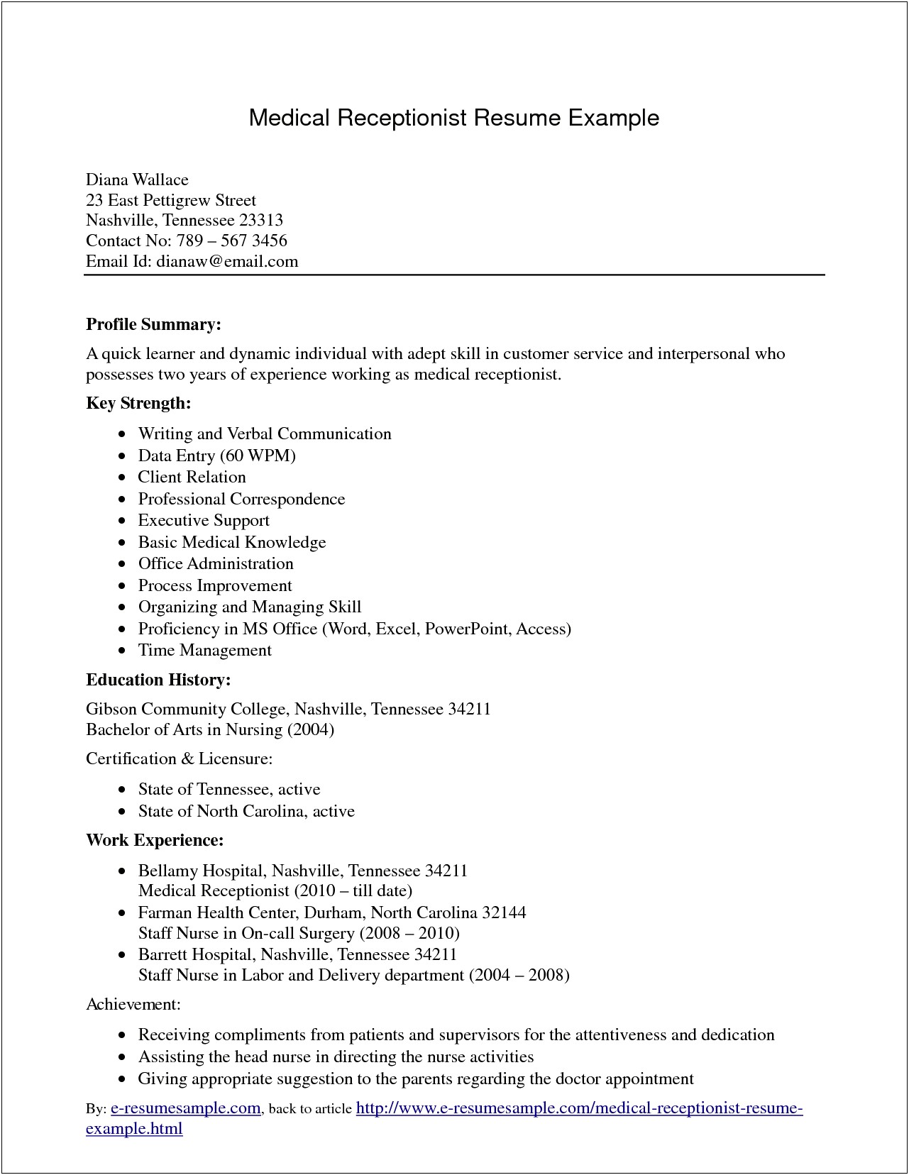 Sample Resume For Doctors Office Receptionist