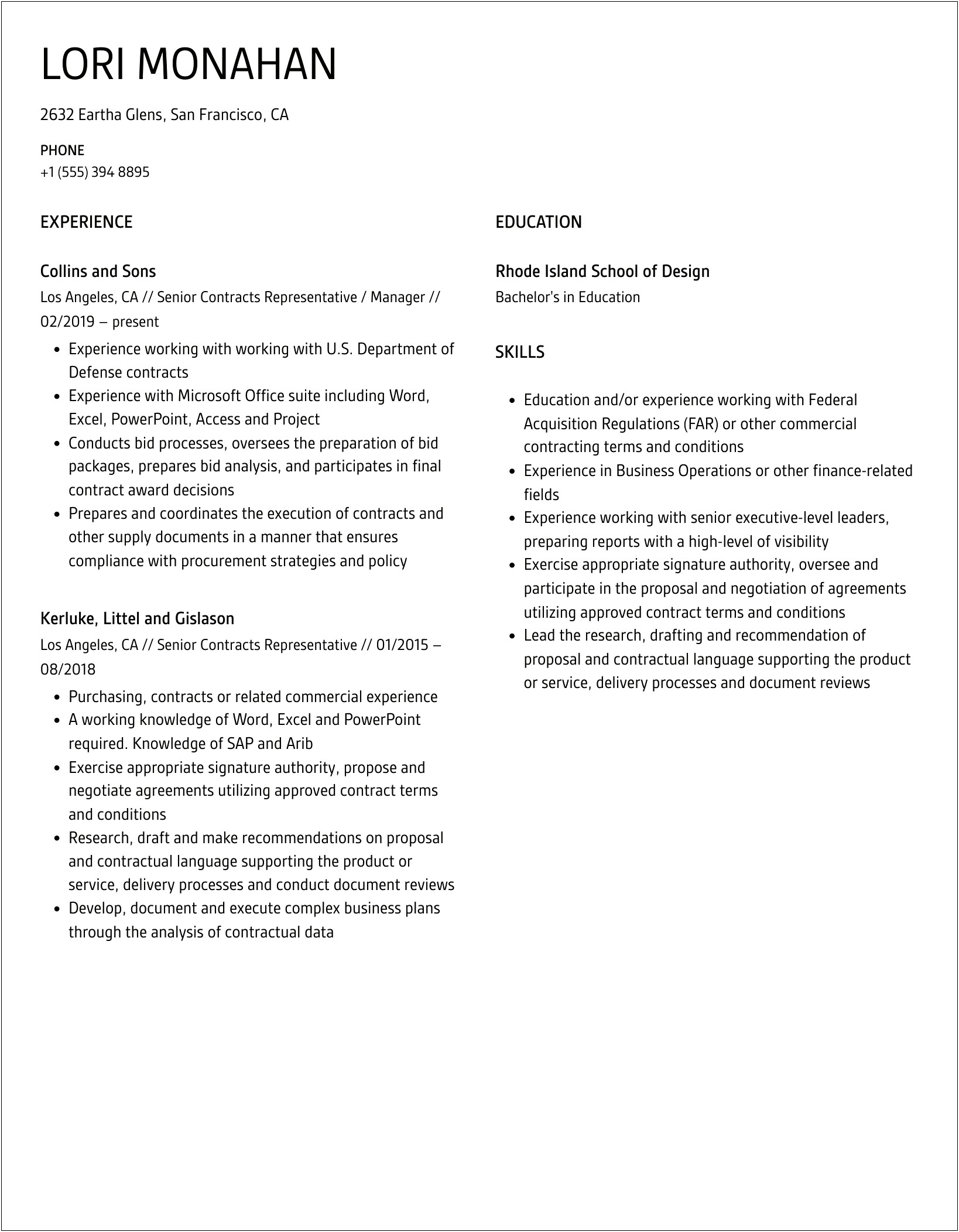 Sample Resume For Dod Contracting Representative