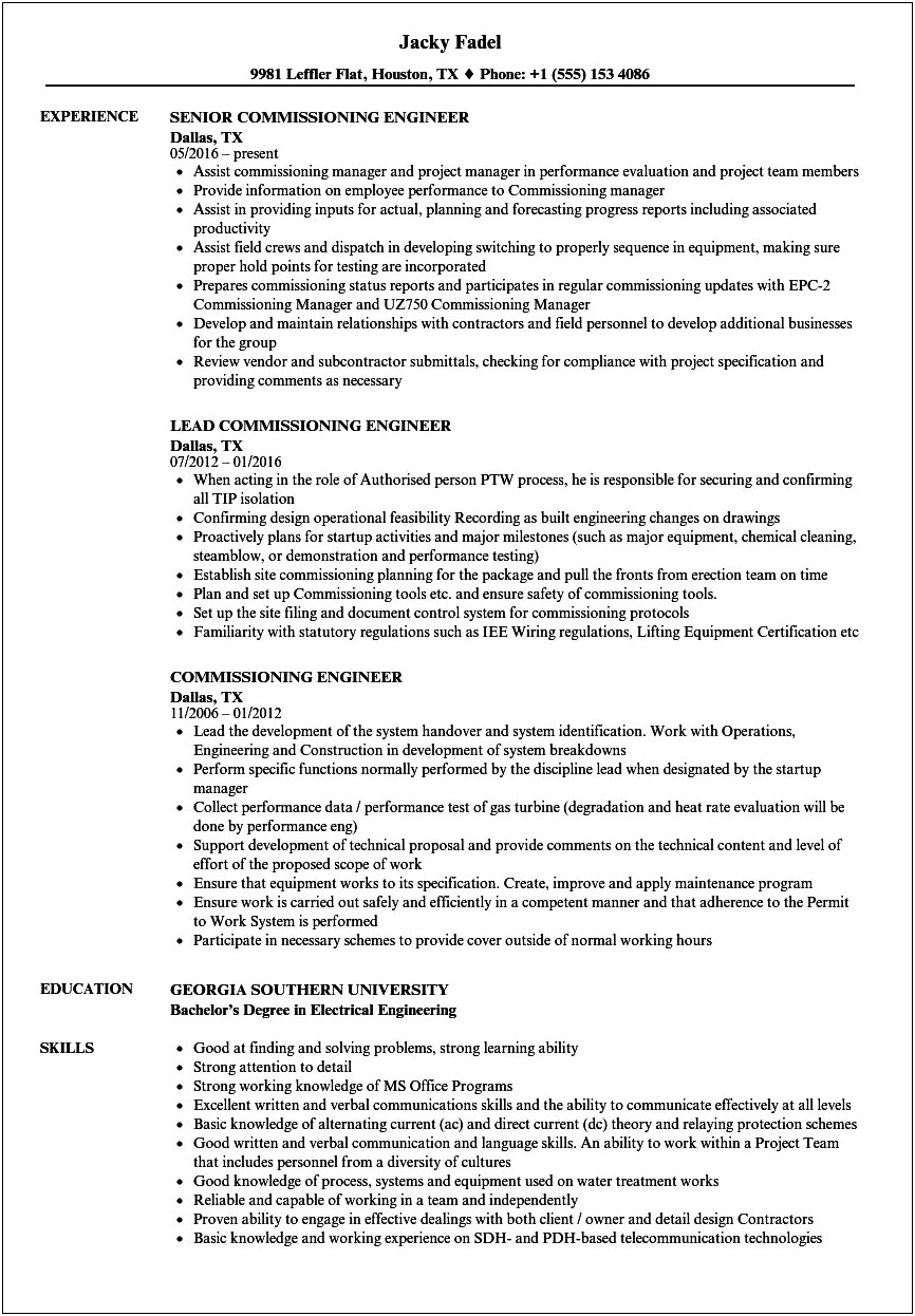 Sample Resume For Electrical Commissioning Technician