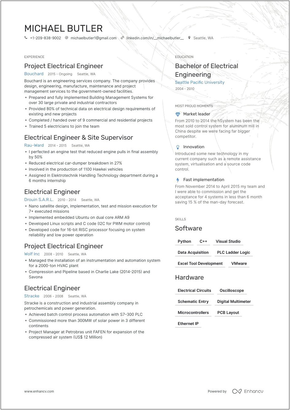 Sample Resume For Electrical Engineer In Construction Field