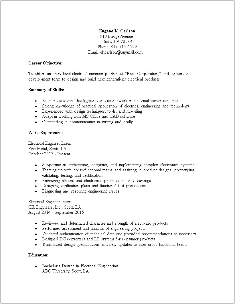 Sample Resume For Electrical Engineering Graduate