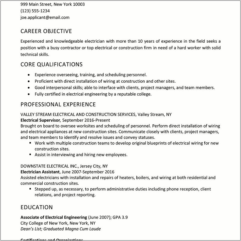 Sample Resume For Electrician In Australia