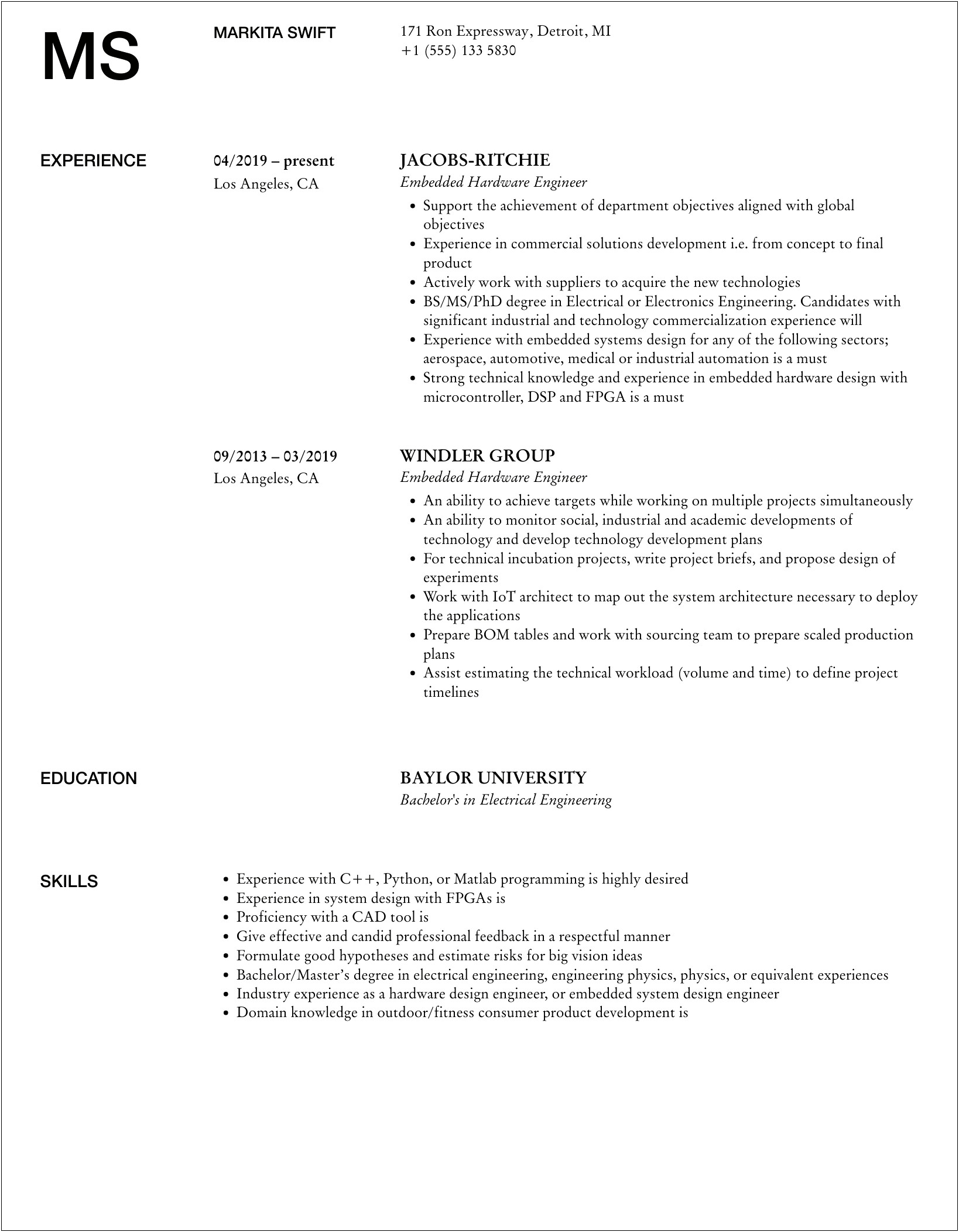 Sample Resume For Embedded Hardware Engineer Experienced