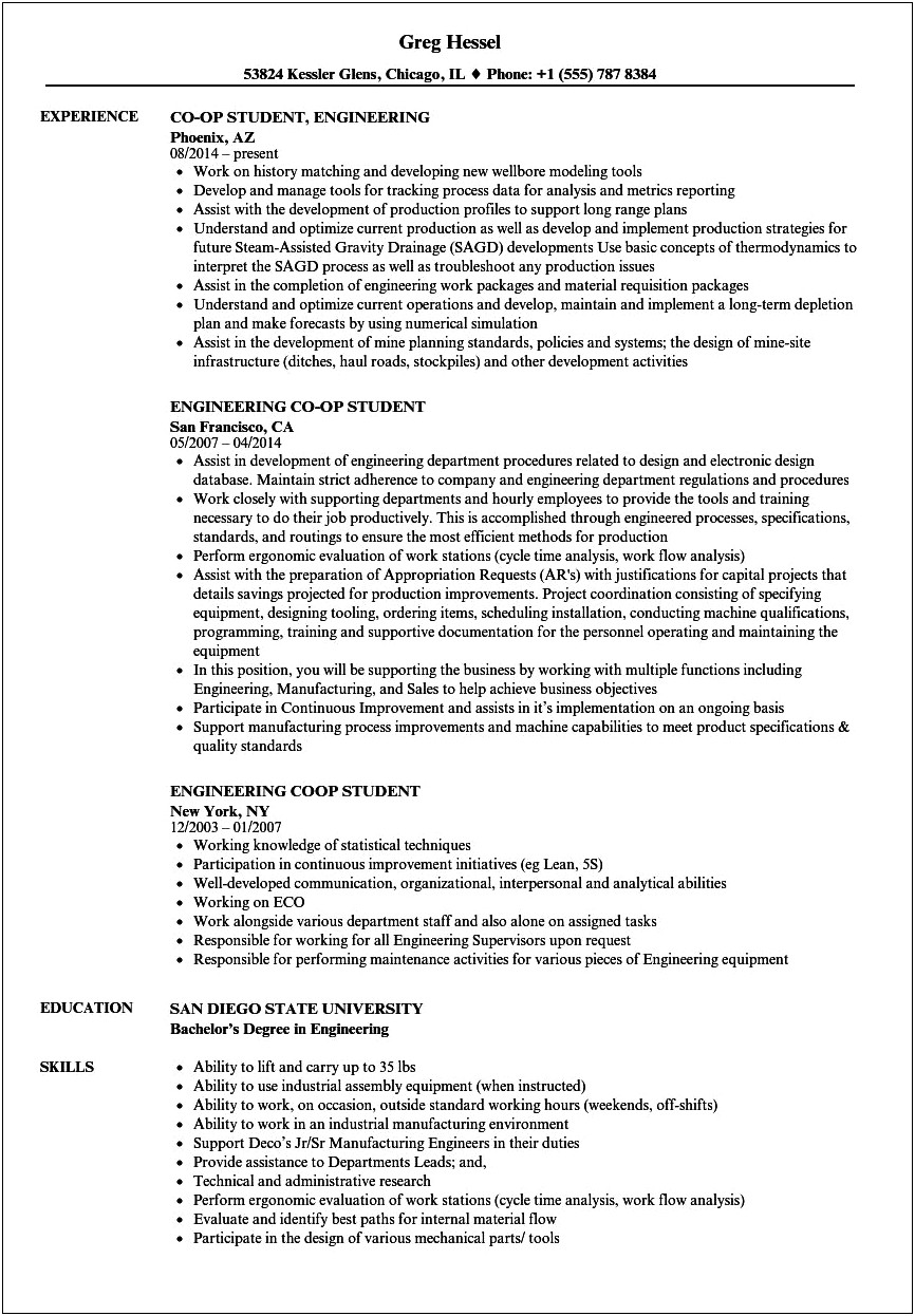 Sample Resume For Engineering Students India