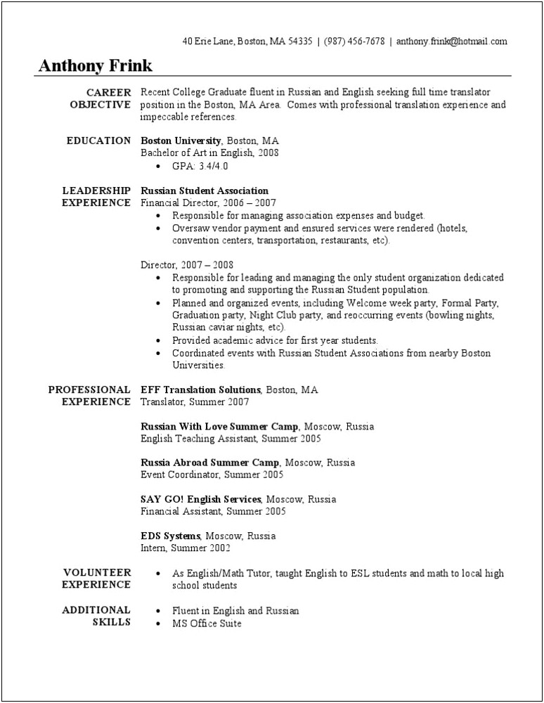 Sample Resume For English Teacher With Experience