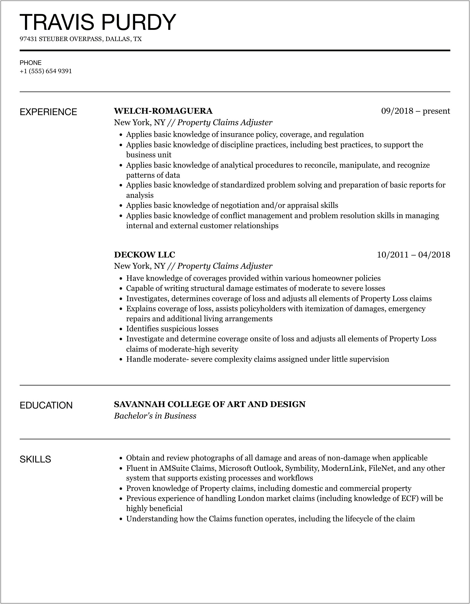 Sample Resume For Entry Level Claims Adjuster