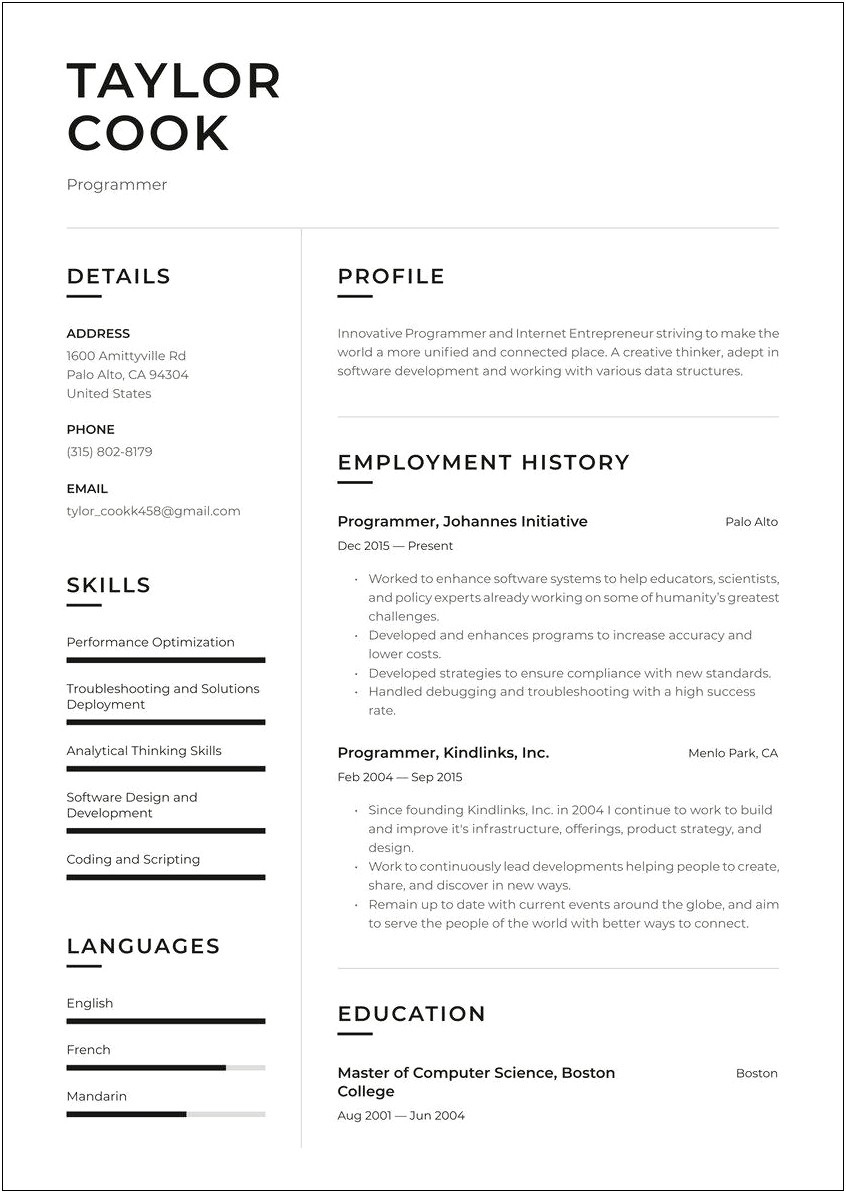 Sample Resume For Entry Level Computer Programmer