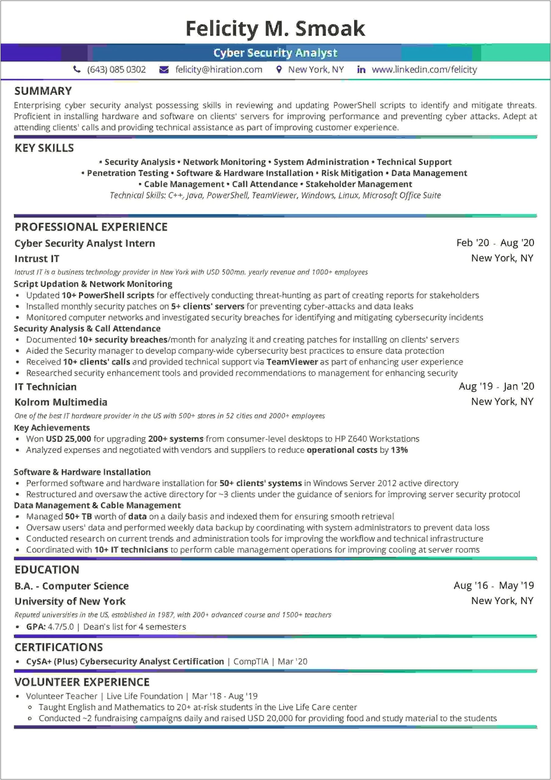 Sample Resume For Entry Level Cyber Security