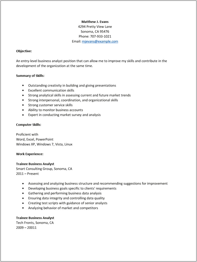 Sample Resume For Entry Level Data Analyst