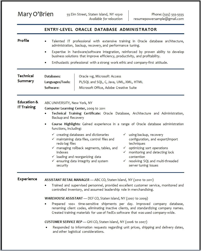 Sample Resume For Entry Level Database Administrator