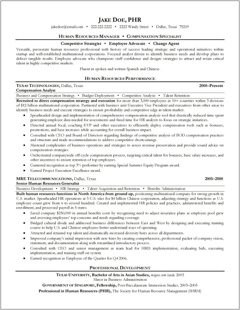 Sample Resume For Entry Level Hr Position