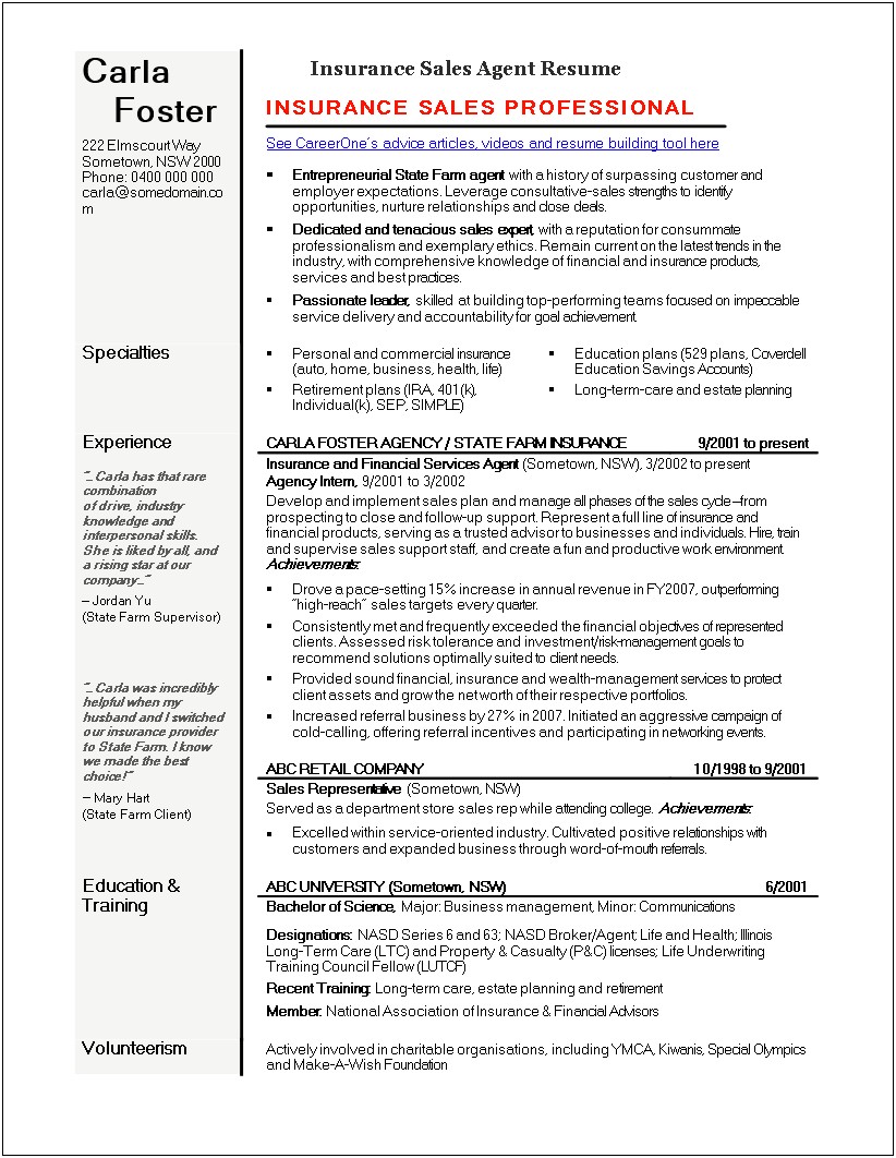 Sample Resume For Entry Level Insurance Agent