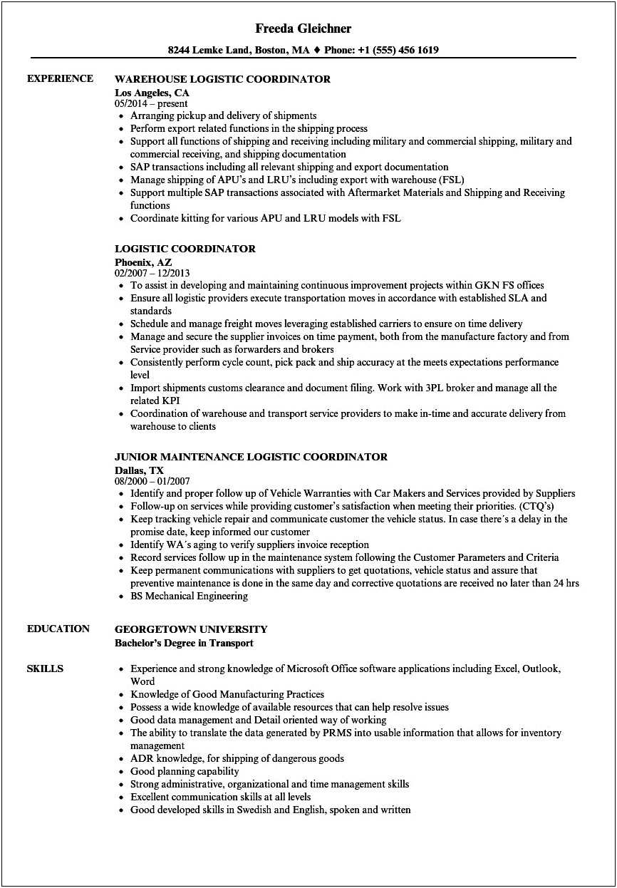 Sample Resume For Entry Level Logistics Coordinator