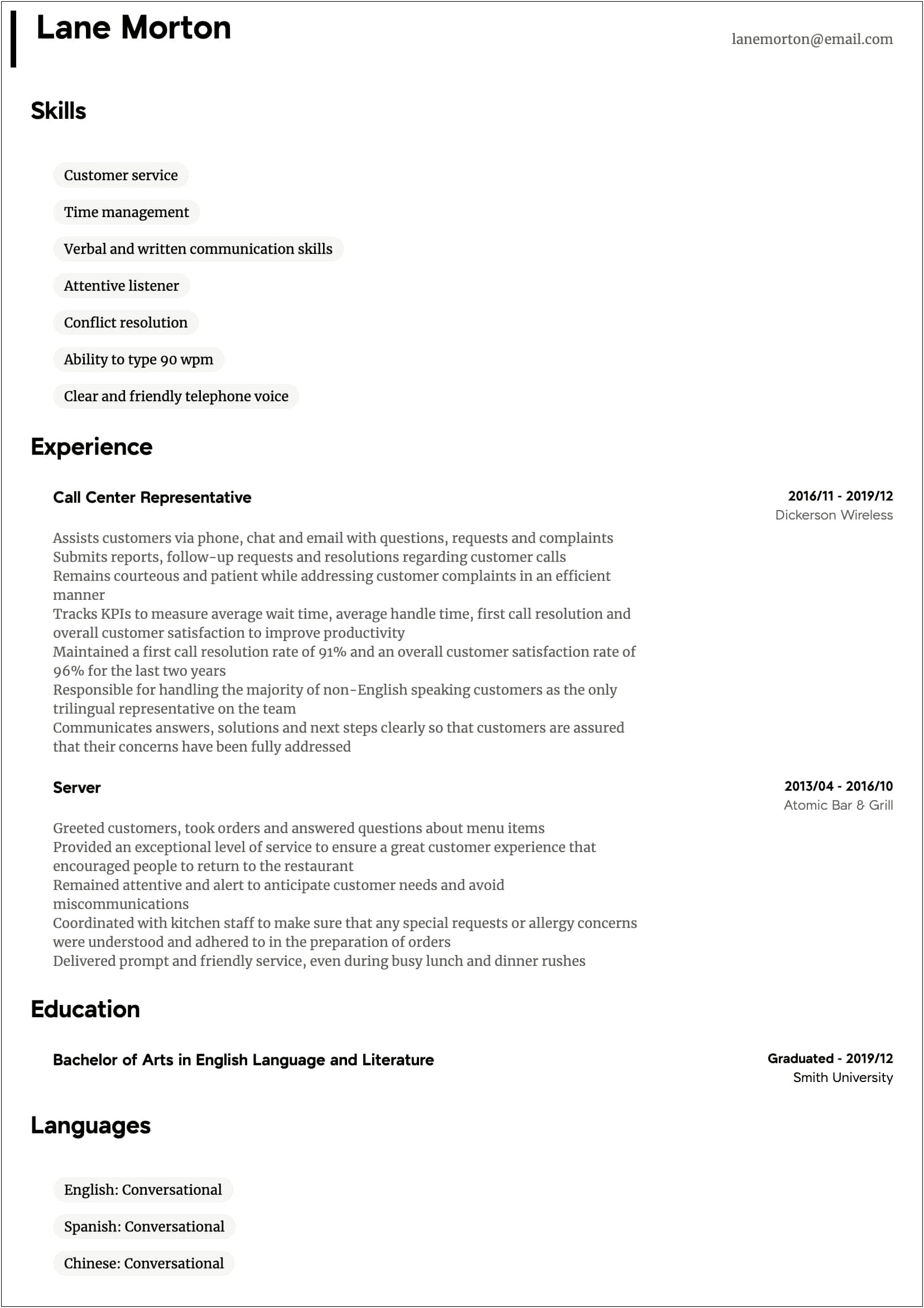 Sample Resume For Entry Level Non Voice Representative