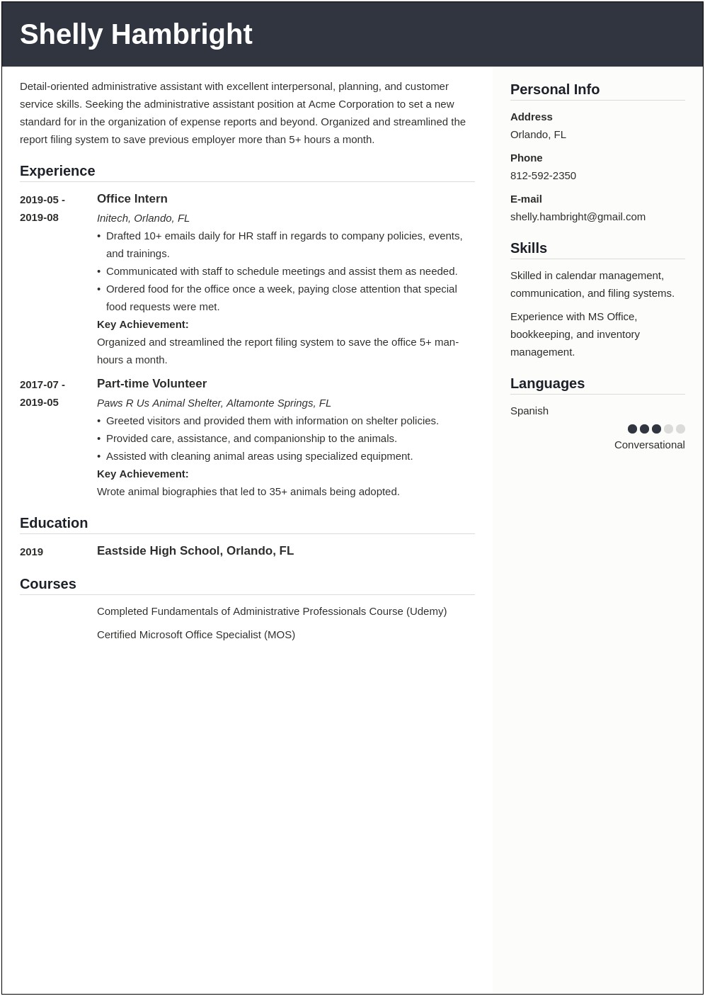 Sample Resume For Entry Level Office Support