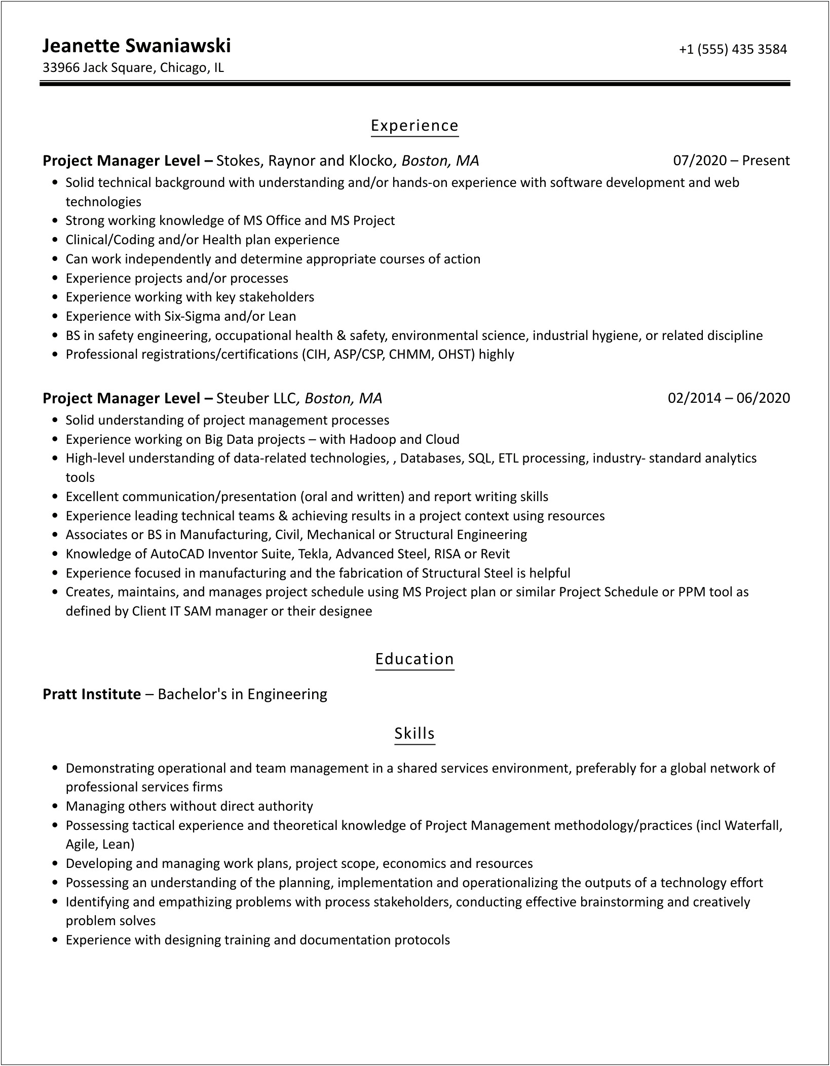 Sample Resume For Entry Level Project Management