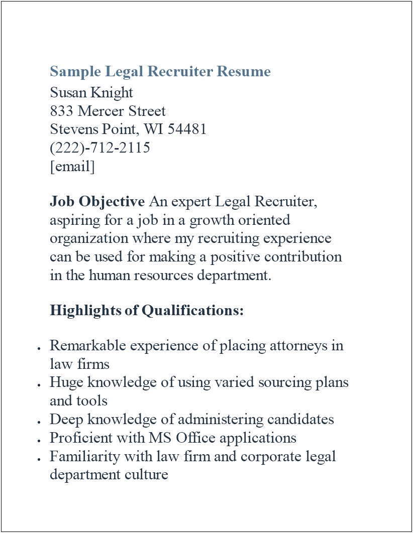 Sample Resume For Entry Level Recruiter
