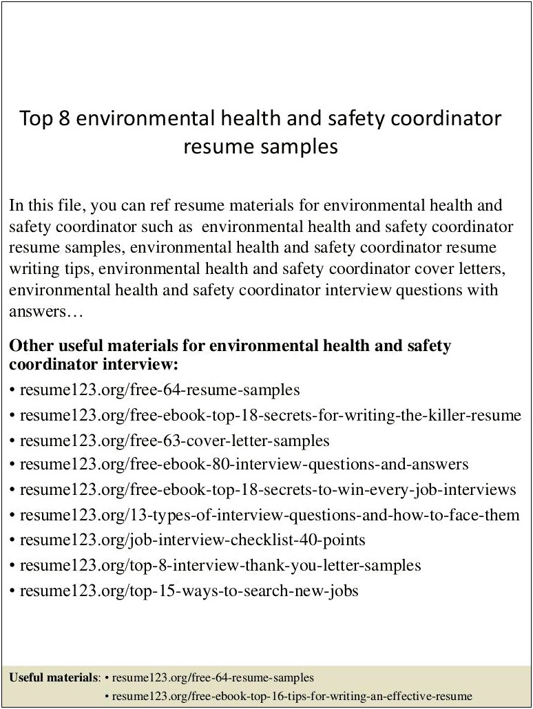 Sample Resume For Environmental Health And Safety