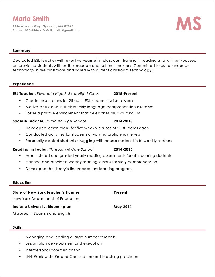 Sample Resume For Esl Teaching Job