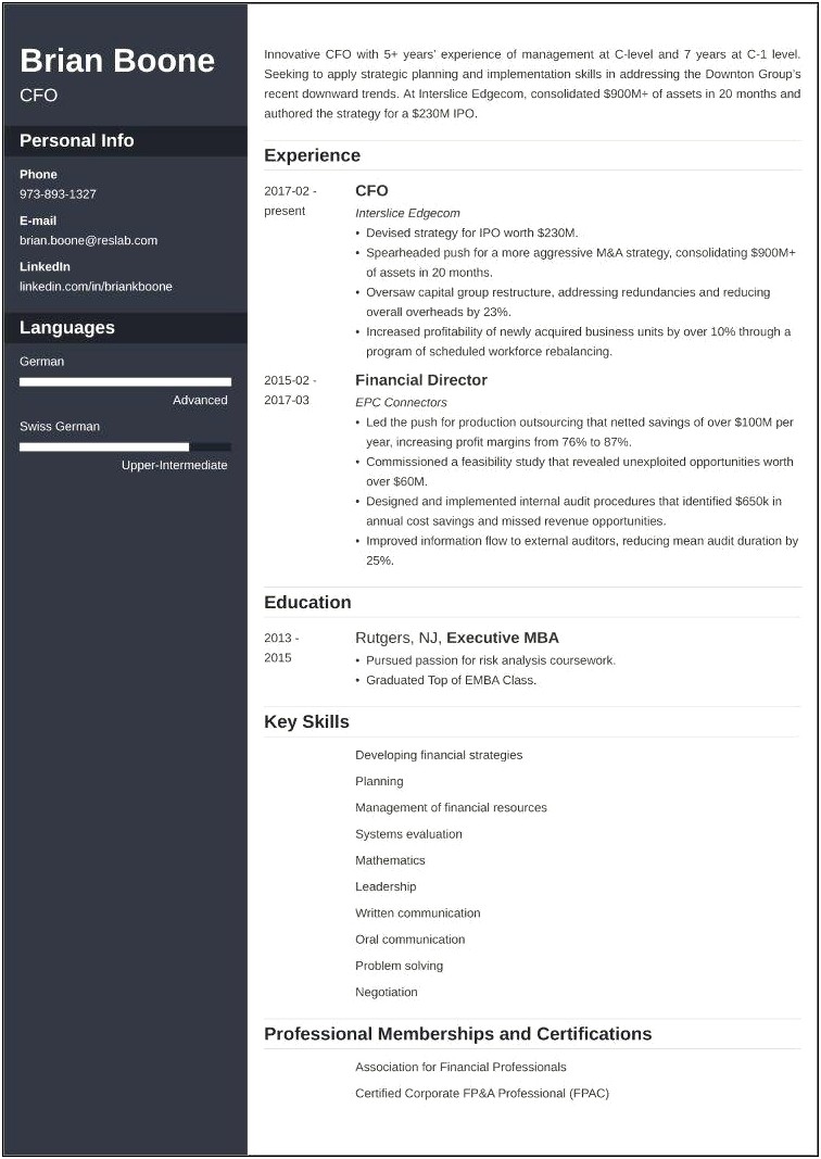 Sample Resume For Executive Assistant To Cfo