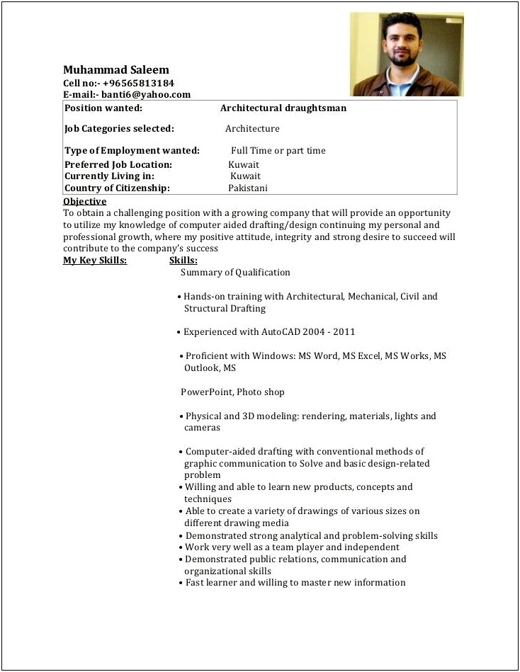 Sample Resume For Experienced Architectural Draftsman