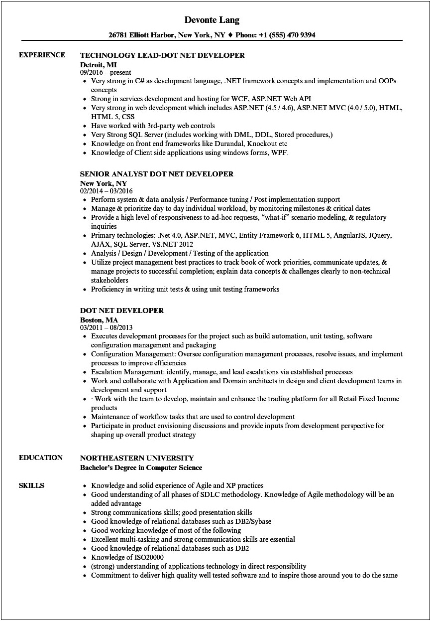 Sample Resume For Experienced Asp.net Developer