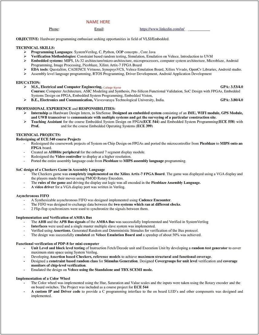 Sample Resume For Experienced Embedded Hardware Engineer