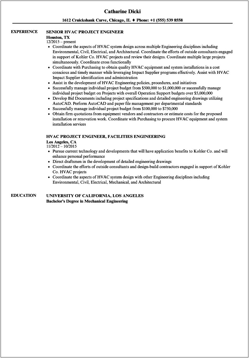 Sample Resume For Experienced Hvac Mechanical Engineer