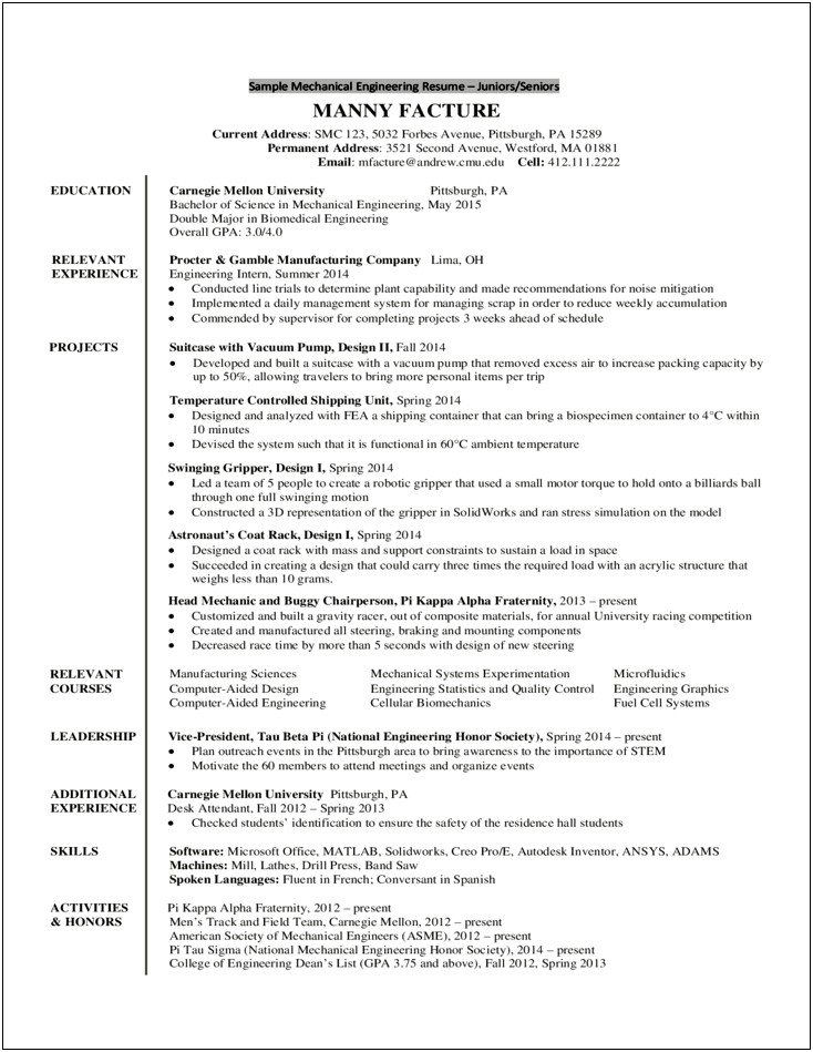 Sample Resume For Experienced Mechanical Engineer Free Download