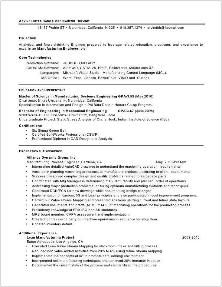 Sample Resume For Experienced Mechanical Production Engineer