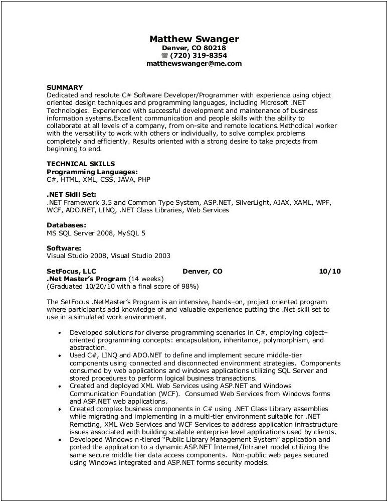 Sample Resume For Experienced Net Developer