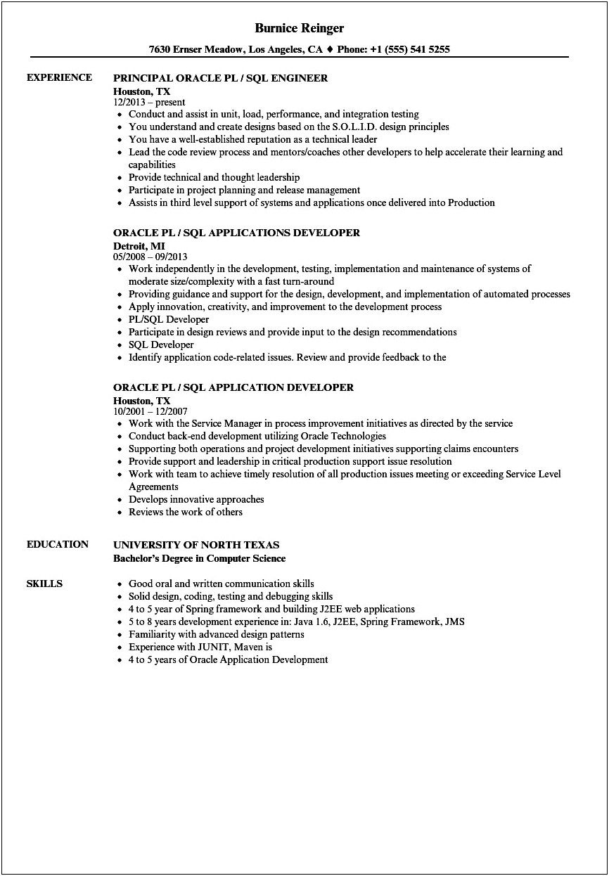Sample Resume For Experienced Pl Sql Developer