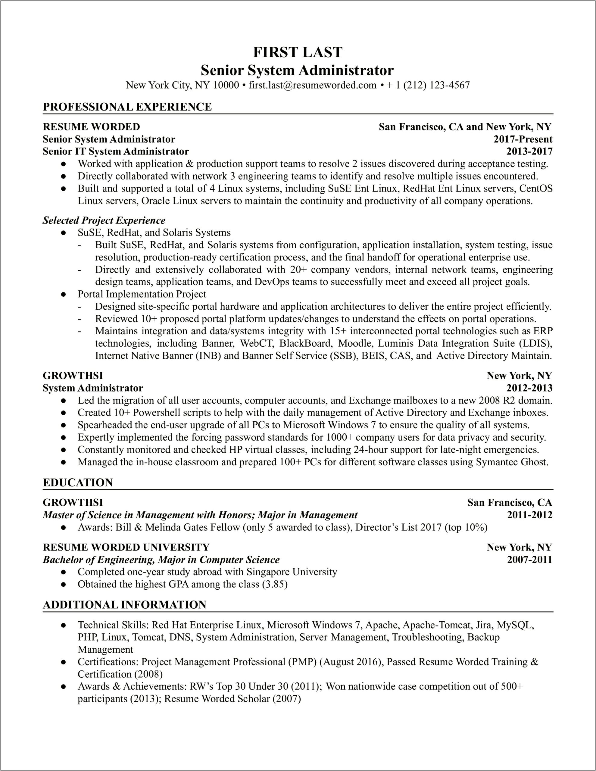 Sample Resume For Experienced Windows System Administrator