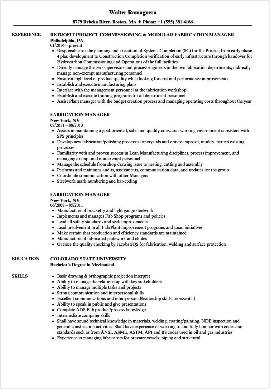 Sample Resume For Fabrication Engineer In Welding Fabrication