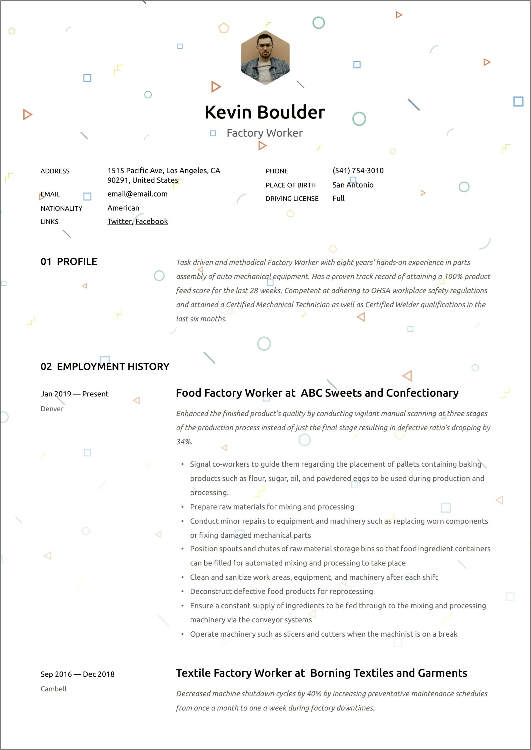Sample Resume For Factory Worker Abroad