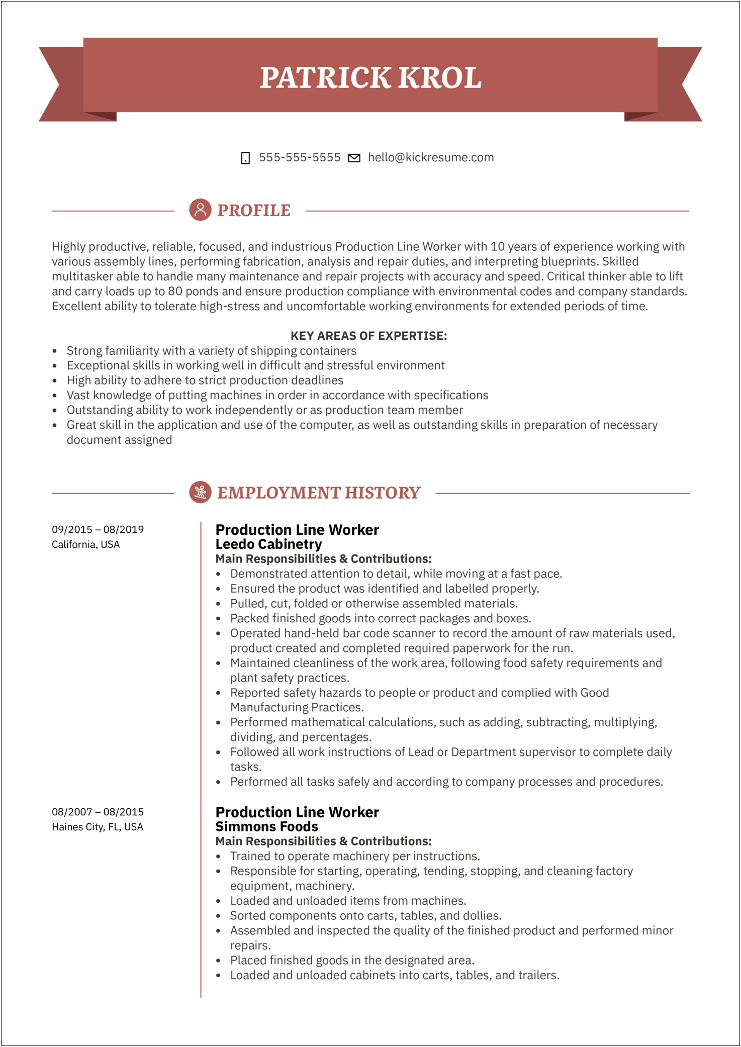 Sample Resume For Factory Worker Position