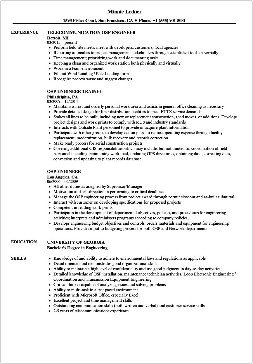 Sample Resume For Fiber Optic Engineer