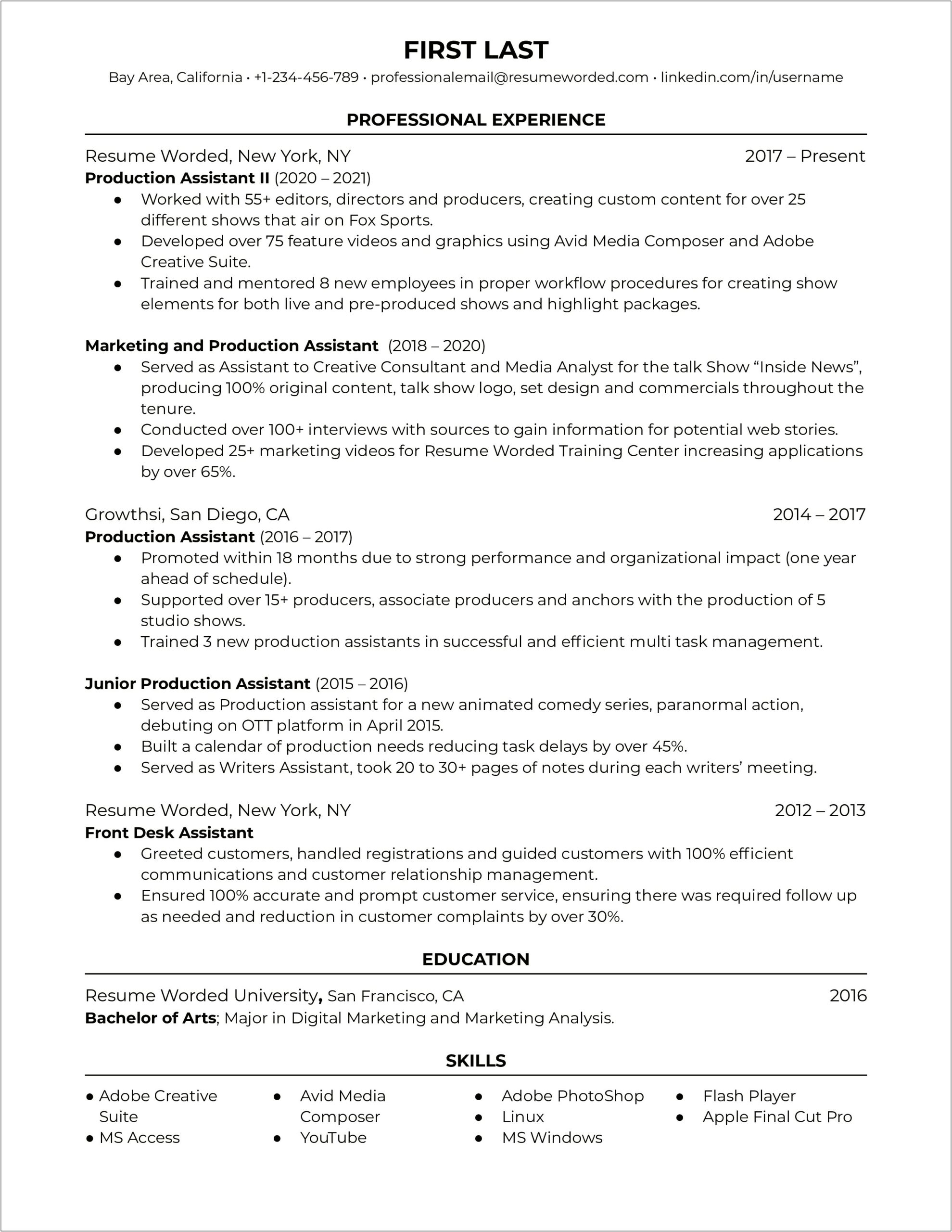Sample Resume For Film Production Assistant