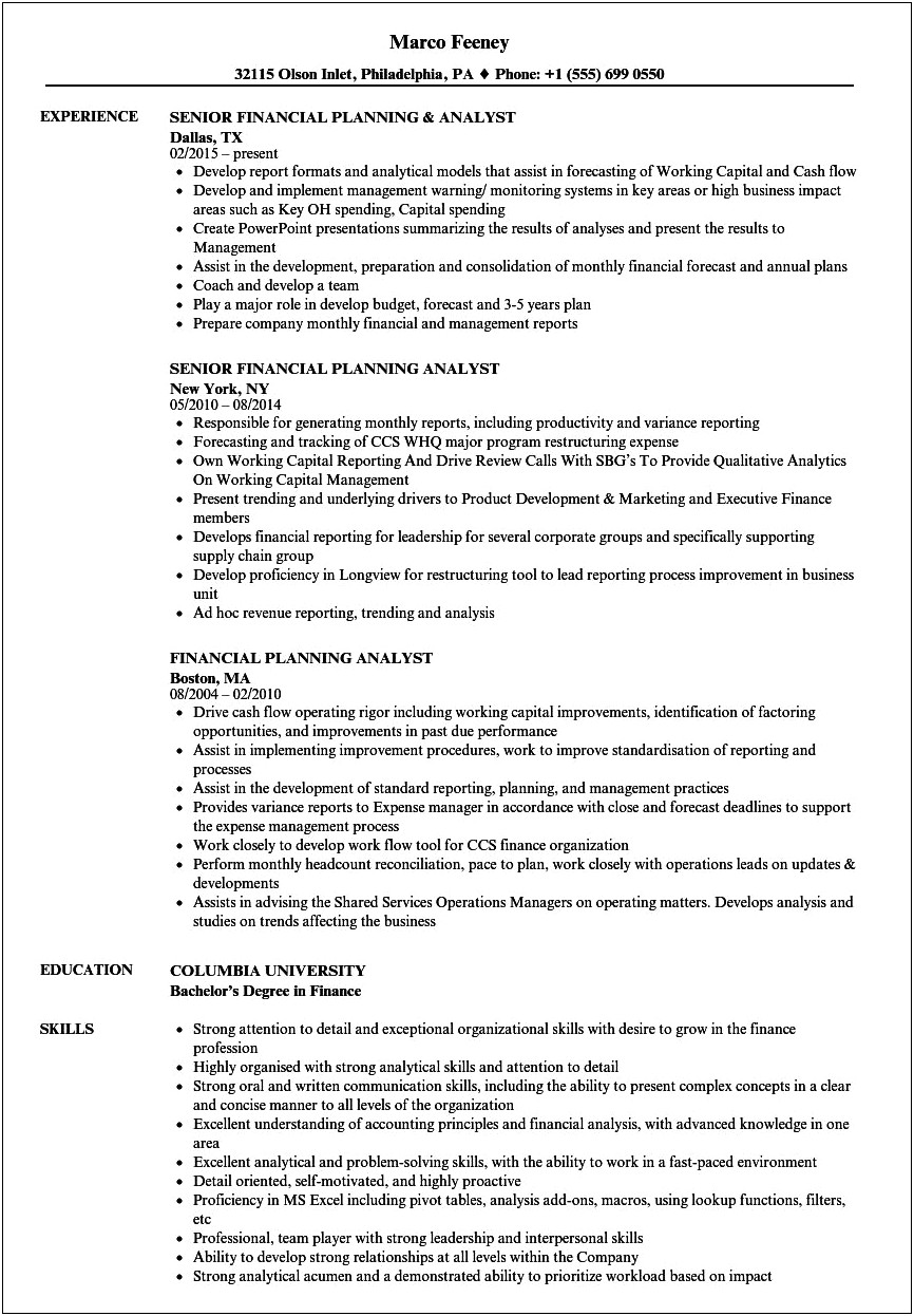 Sample Resume For Financial Management Analyst