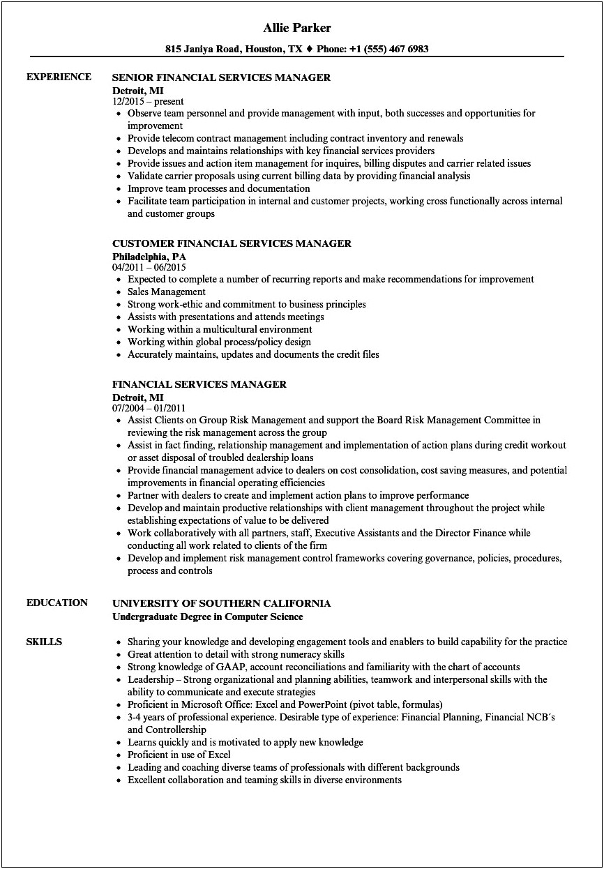 Sample Resume For Financial Services Manager