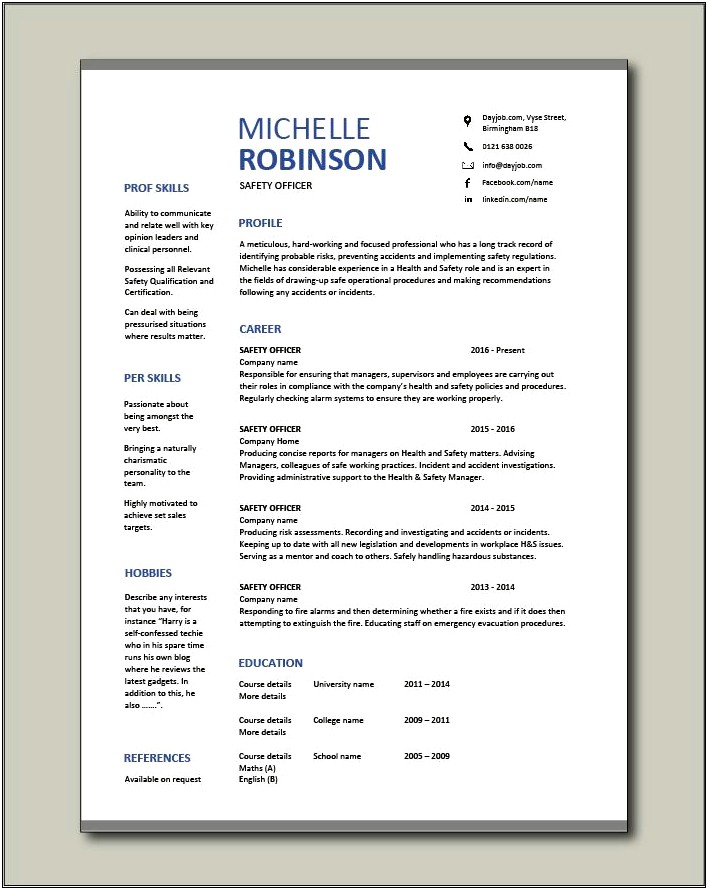 Sample Resume For Fire And Safety Fresher