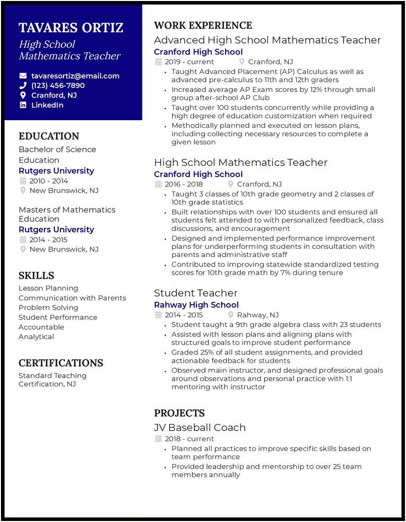 Sample Resume For First Teaching Job