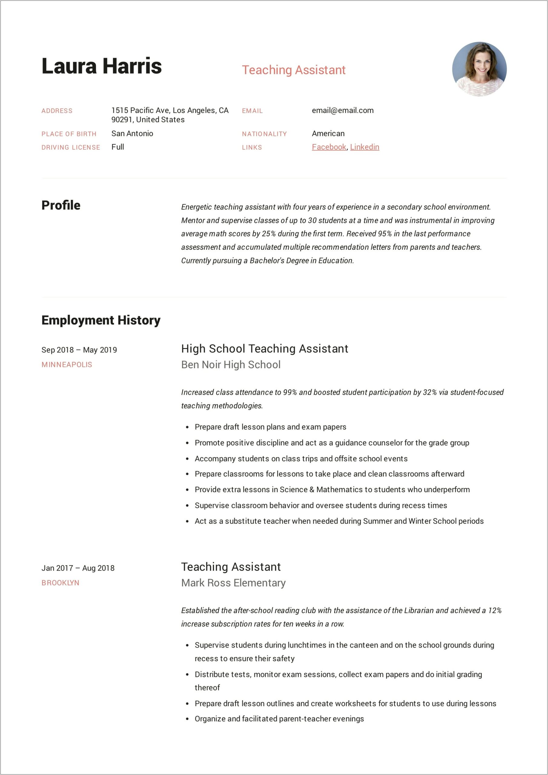Sample Resume For First Time Substitute Teacher
