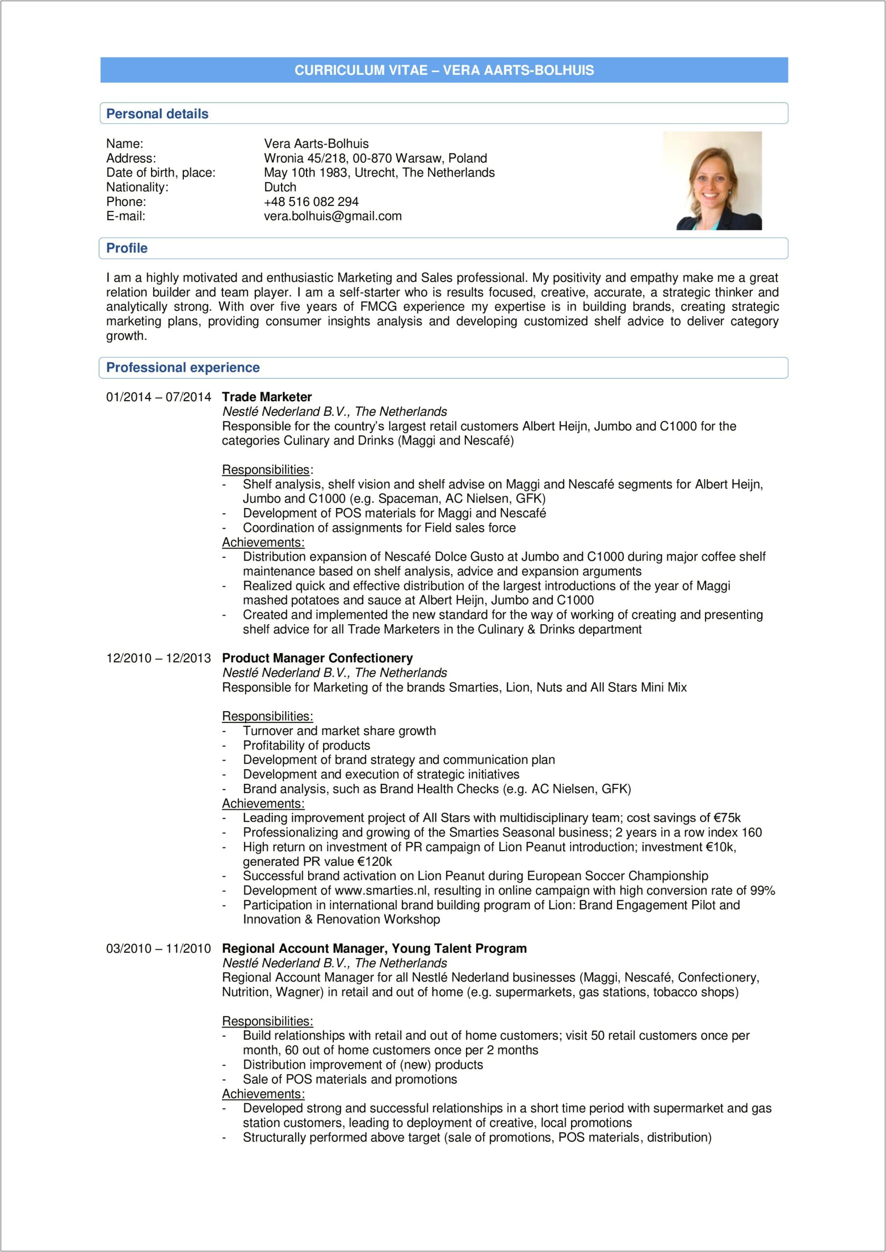 Sample Resume For Fmcg Sales Officer
