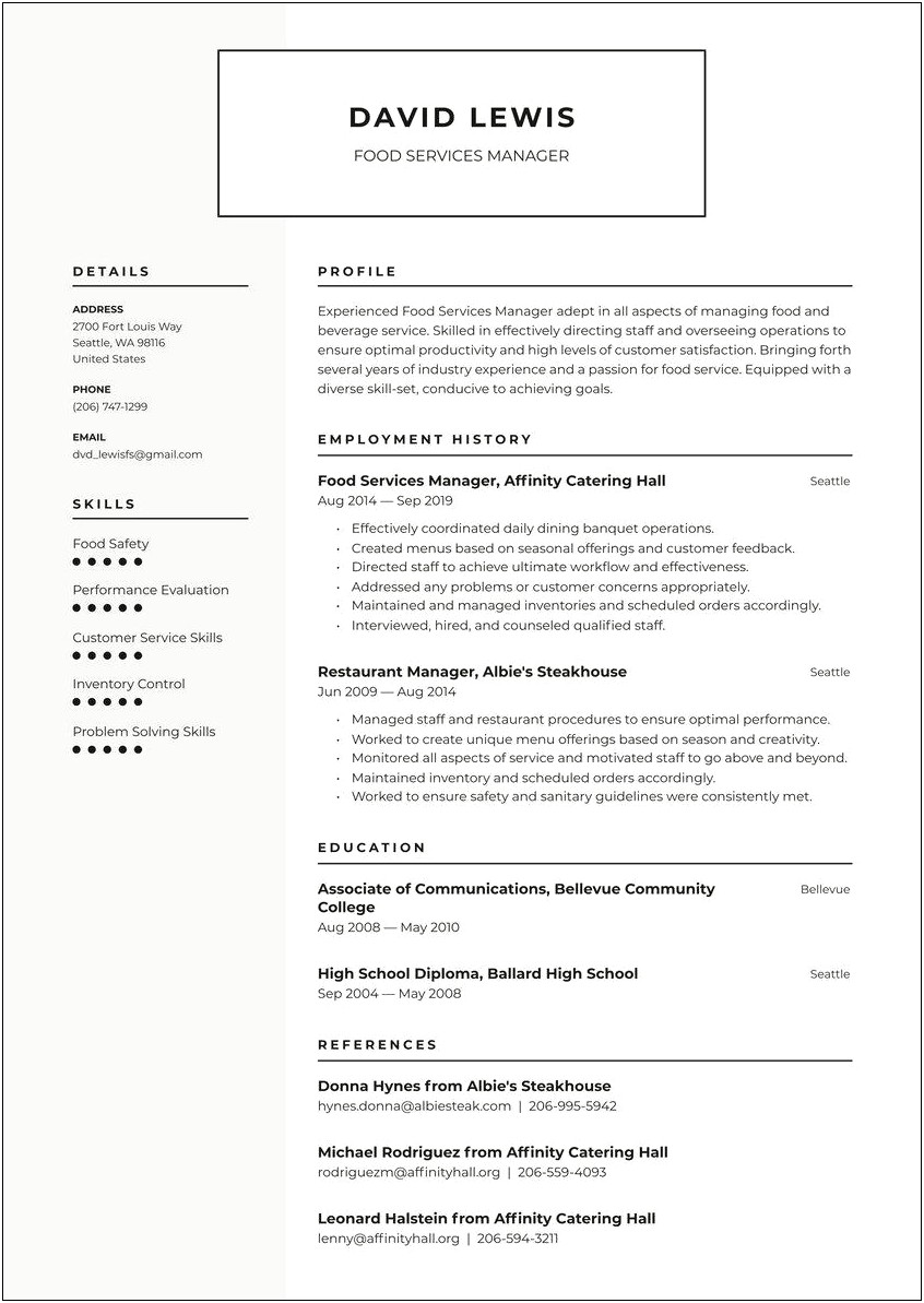 Sample Resume For Food And Beverage Server