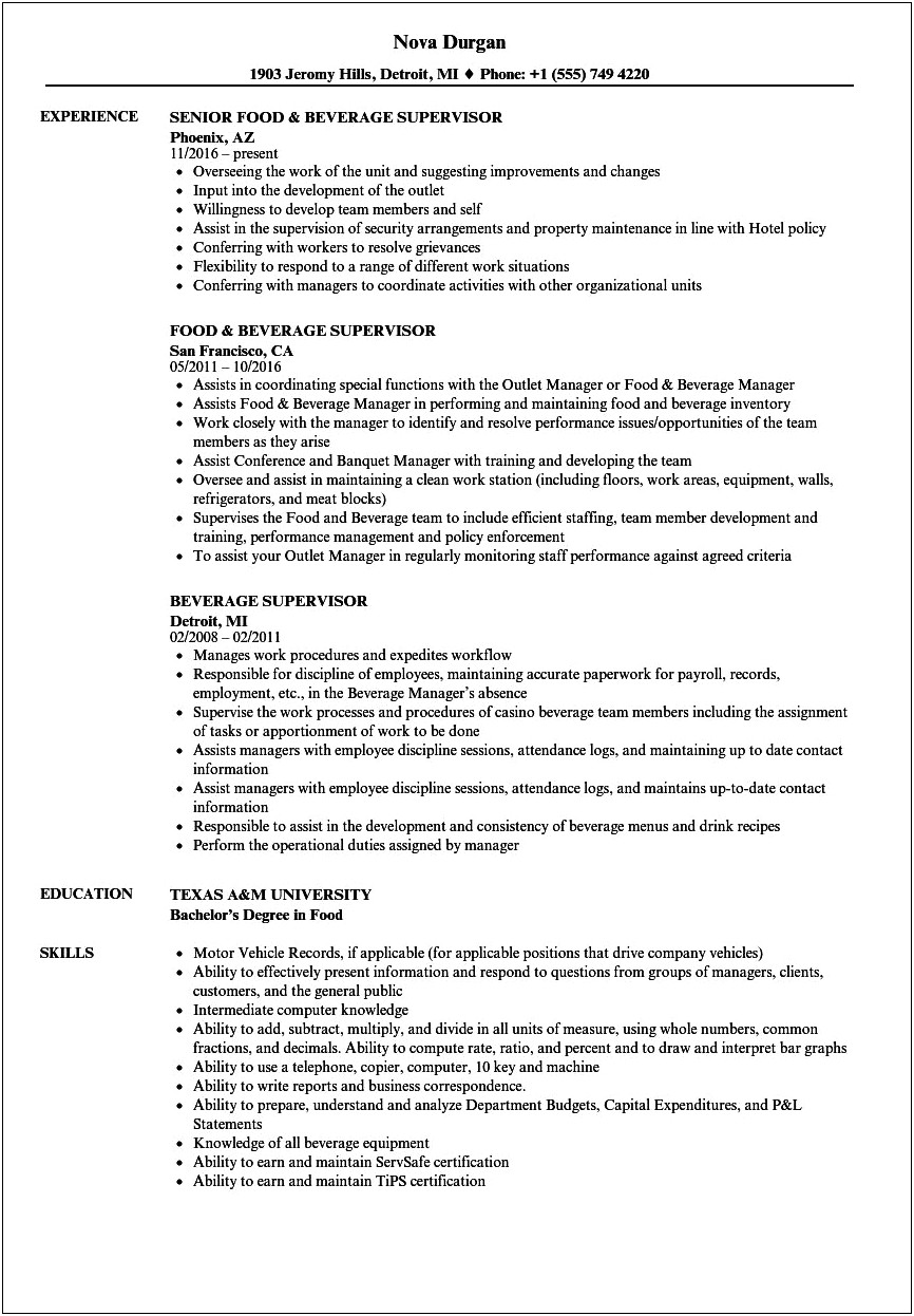 Sample Resume For Food And Beverage Supervisor