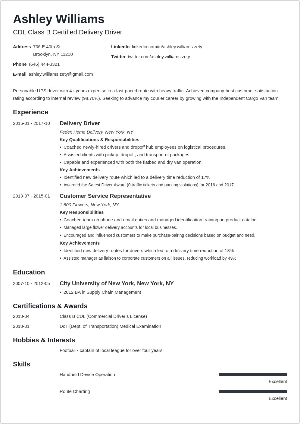 Sample Resume For Food Delivery Driver